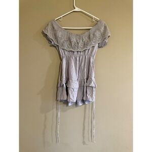 Joyce Leslie Grey Off Shoulder Lace Peplum Ruffle Top Small Boho Cottage